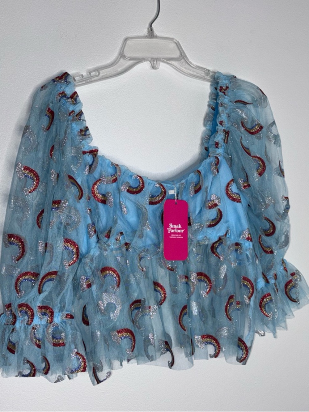 Smak Parlour Rainbow Babydoll Cropped Top, Light  Blue Mesh, Size L (10/12) NWT